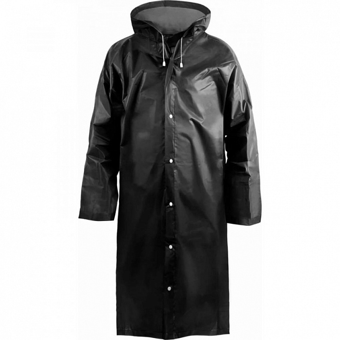 картинка Дождевик-плащ EVA черный с капюшоном (на кнопках) EVABL1 110мк (Komfi) магазин Одежда+ являющийся официальным дистрибьютором в России 