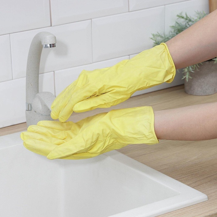 картинка Перчатки хозяйственные латекс желтые (S) 12шт/уп (Libry) магазин Одежда+ являющийся официальным дистрибьютором в России 