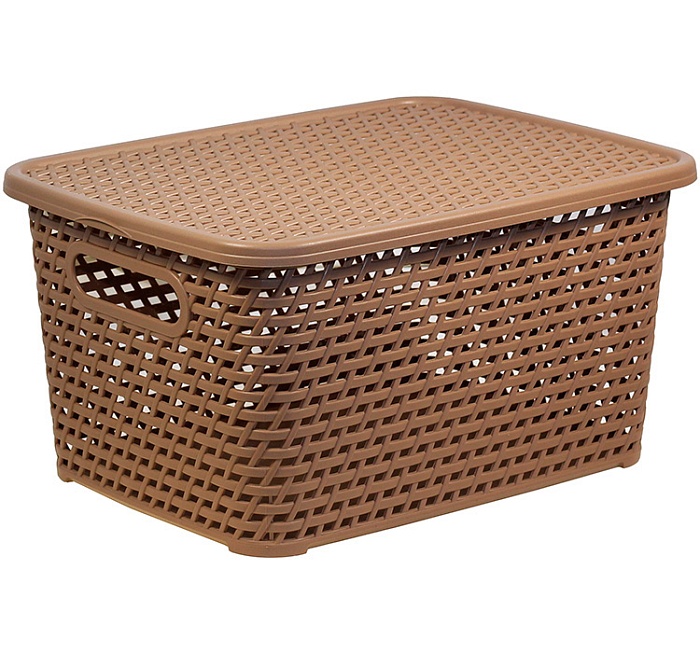картинка Ящик Ротанг с крышкой коричневый 280х185х126 М3272 (М пласт)  магазин Одежда+ являющийся официальным дистрибьютором в России 